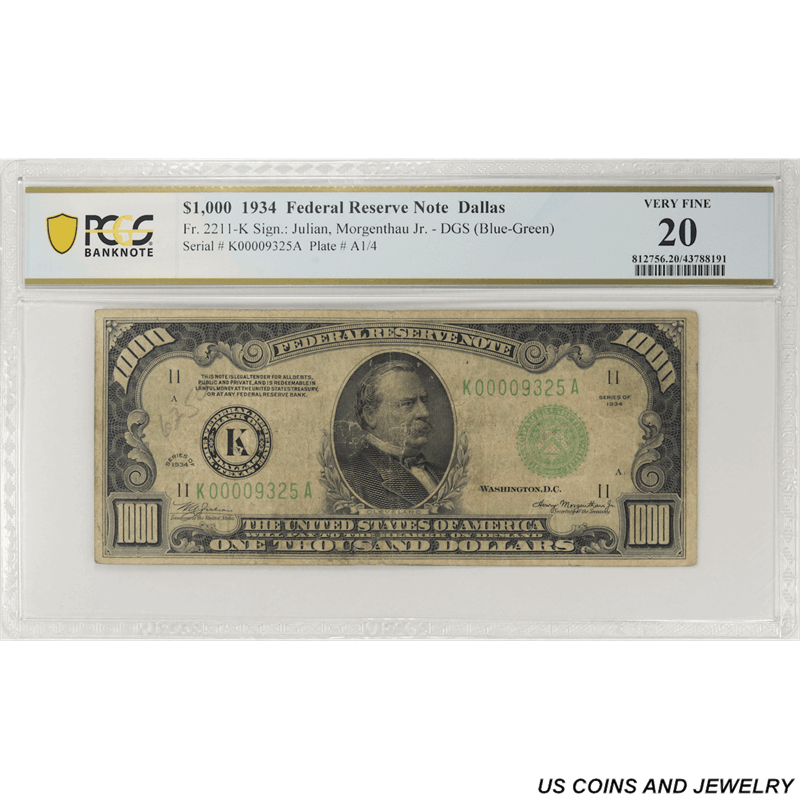 1934 $1000 Federal Reserve Note, Fr. 2211-K, Dallas, PCGS 20 Very Fine - Scare Note