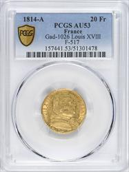 1814-A French Gold 20 Francs Gad-1026 Louis XVIII F-517 PCGS AU53 