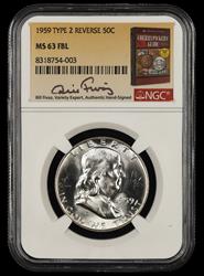 1959 P T2 Reverse Franklin Half Dollar FBL Bill Fivaz Signature Label NGC MS 63