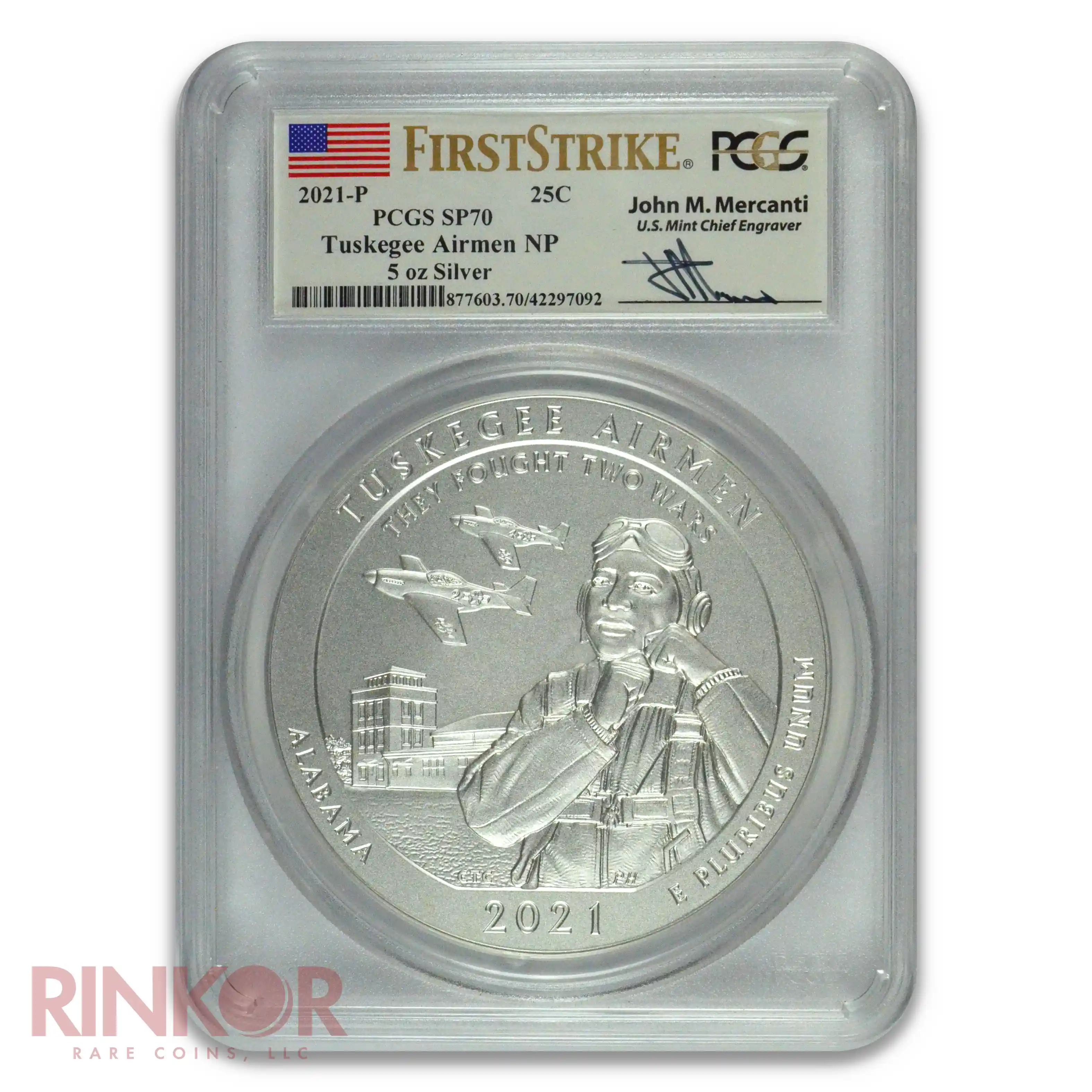 2021-P 5oz America the Beautiful Tuskegee Airmen First Strike Mercanti PCGS SP 70