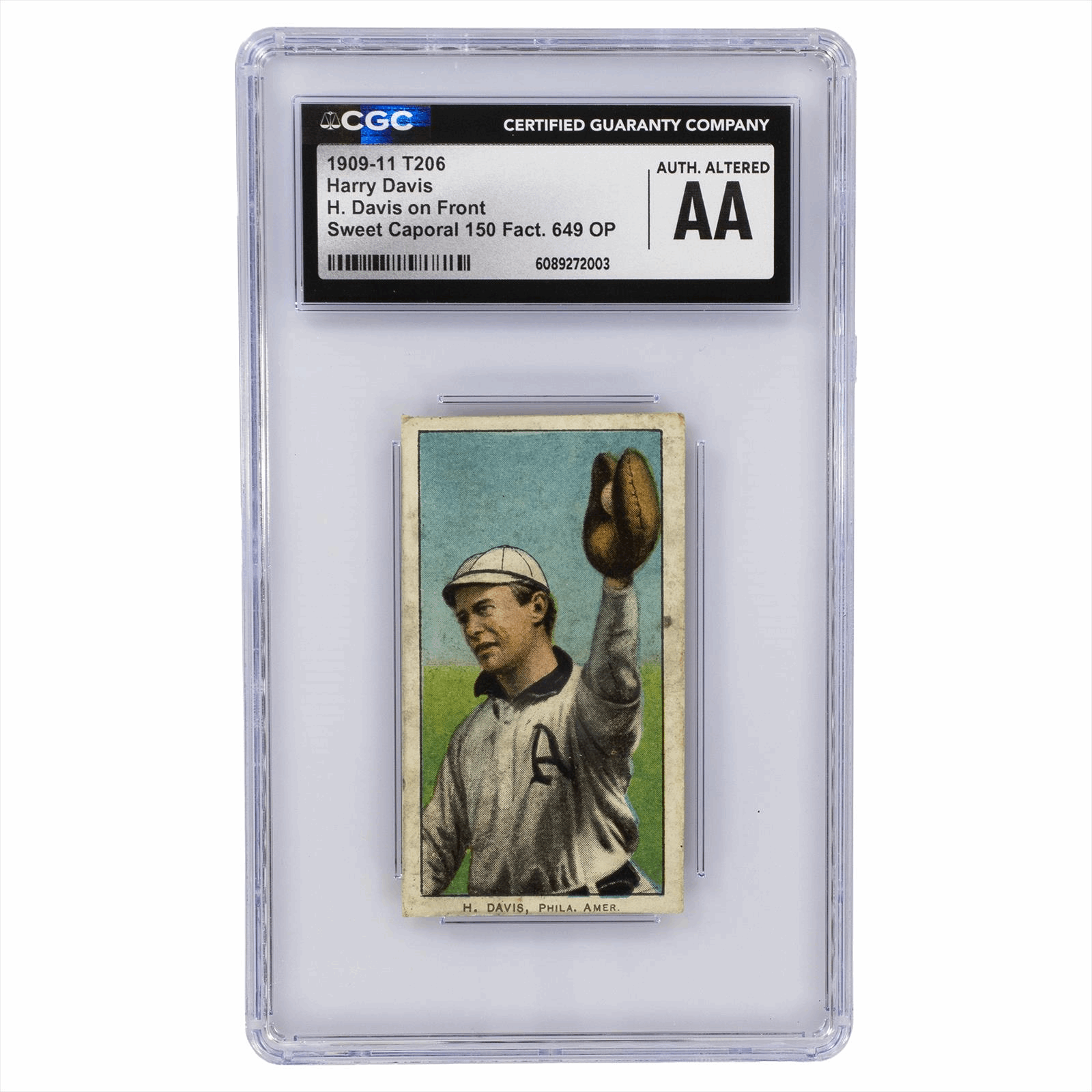 1909-11 T206 Harry Davis H. Davis on Front Sweet Caporal 150 Fact 649 OP CGC Authentic Altered 