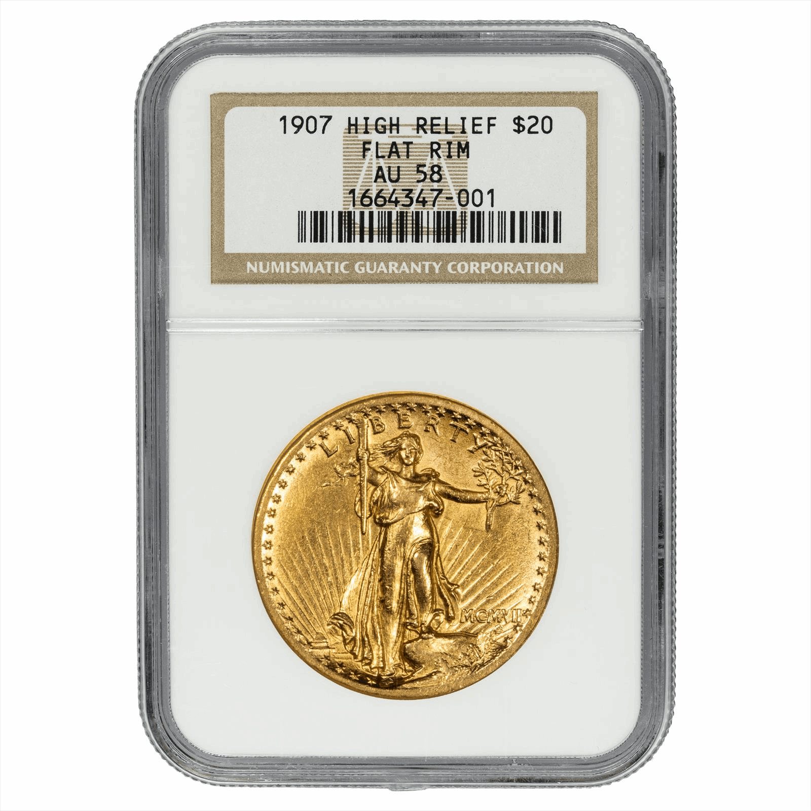 1907 High Relief Flat Rim Saint-Gaudens Double Eagle $20 NGC  AU 58