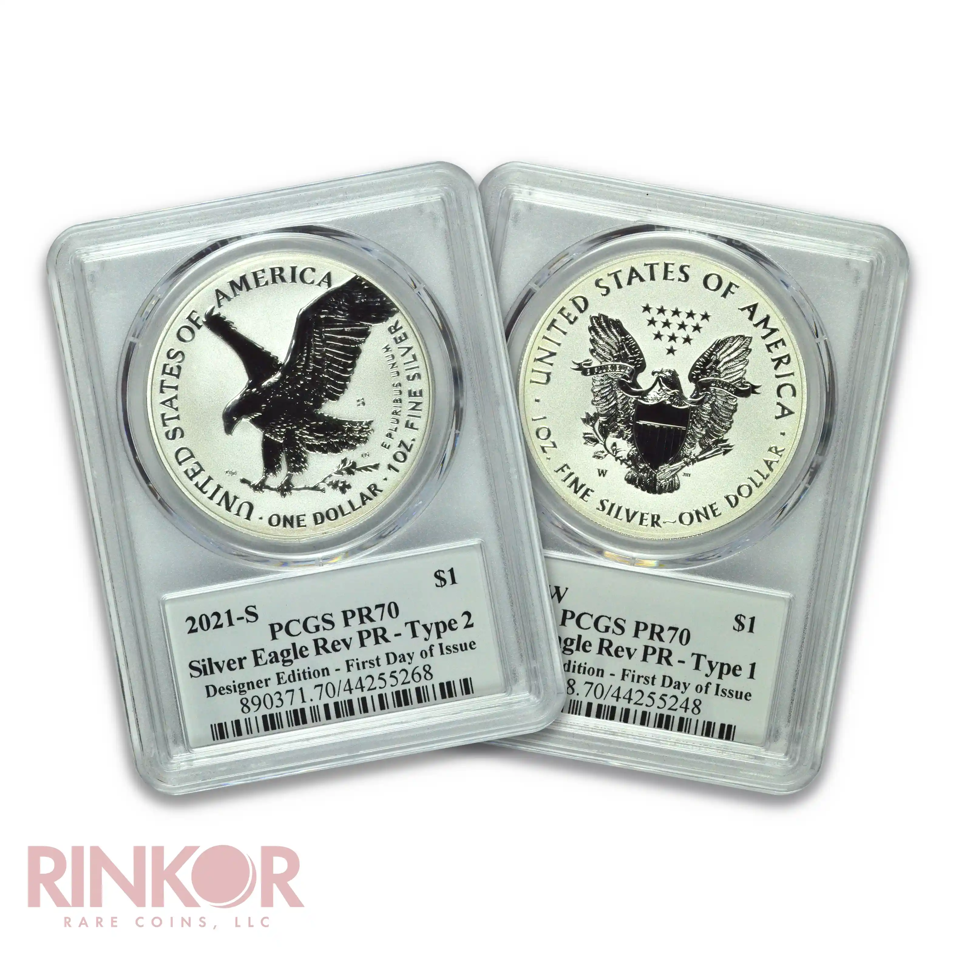 2021 Reverse Proof Silver Eagle 2-Coin Set FDOI Designer Edition Emily Damstra Sig PCGS PR 70