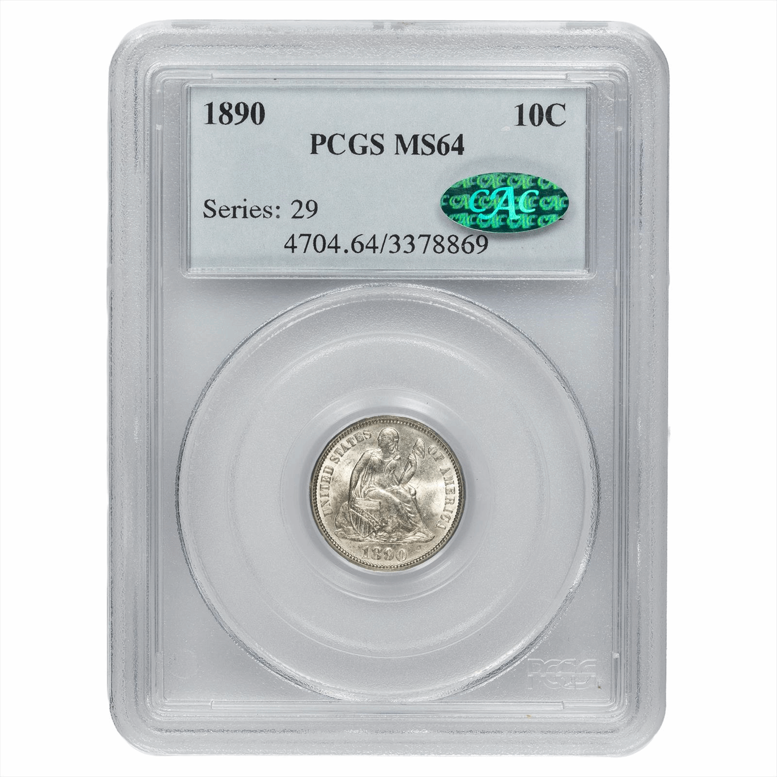 1890 Seated Liberty Dime 10C PCGS MS 64 CAC
