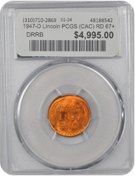 1947-D Lincoln PCGS (CAC) RD 67+