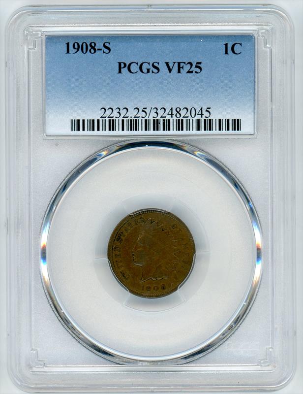 1908-S Indian Head Cent 1c, PCGS VF-25 - Semi Key Date