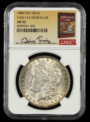 1880 $1 VAM 1A2 Knob 8 LDS Top 100 Bill Fivaz Signature Label NGC AU-55