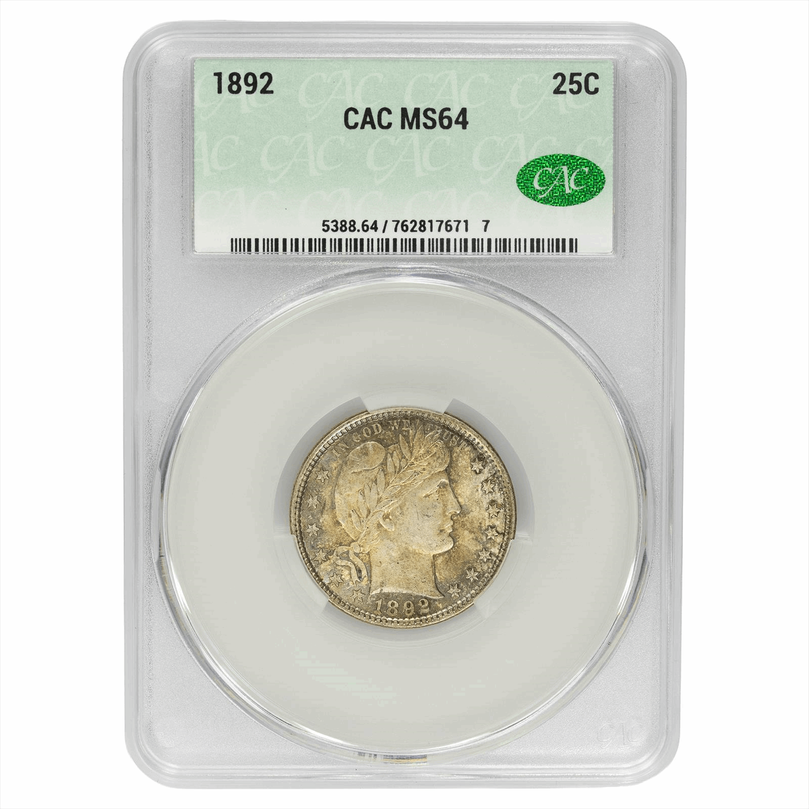1892 Barber Quarter 25C CACG MS 64 CAC