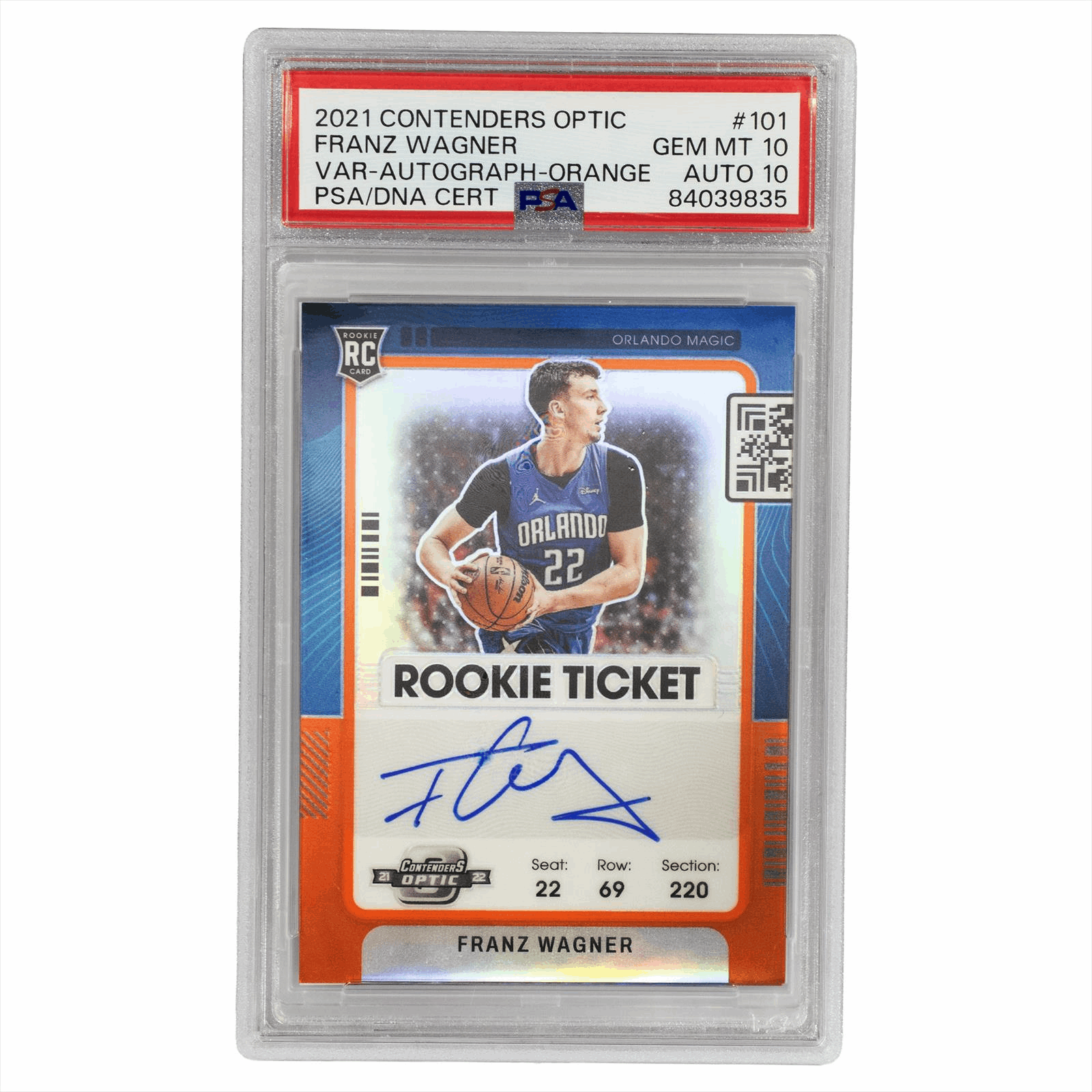 2021 Contenders Optic Franz Wagner Var-Autograph-Orange #101 PSA/DNA GEM MT 10 AUTO 10