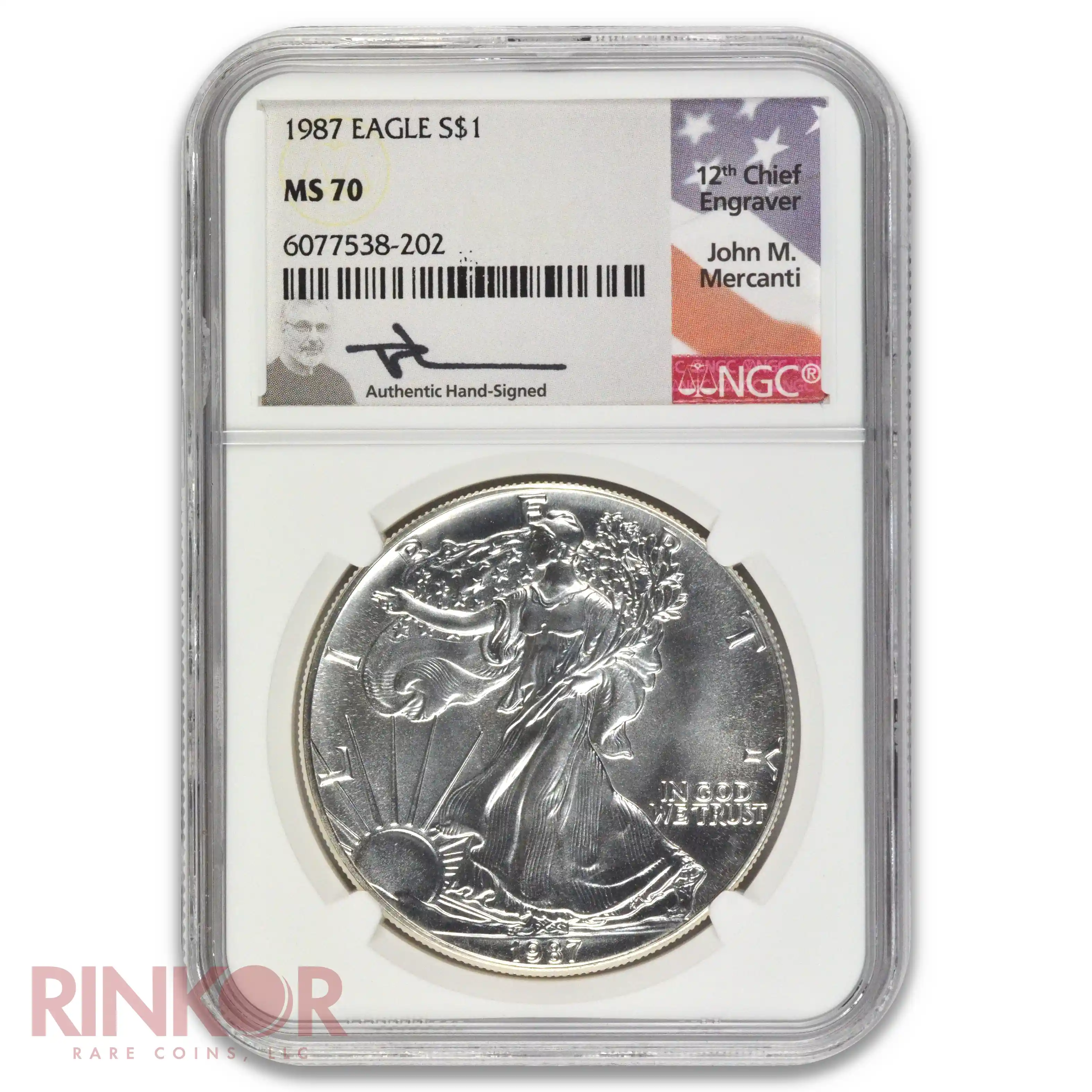 1987 1oz American Silver Eagle Mercanti Signature NGC MS 70