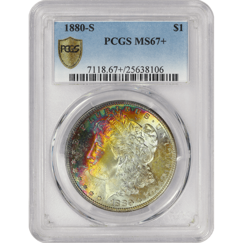 1880-S Morgan Silver Dollar $1, PCGS MS 67+ Vibrant Rainbow Toning - PQ++