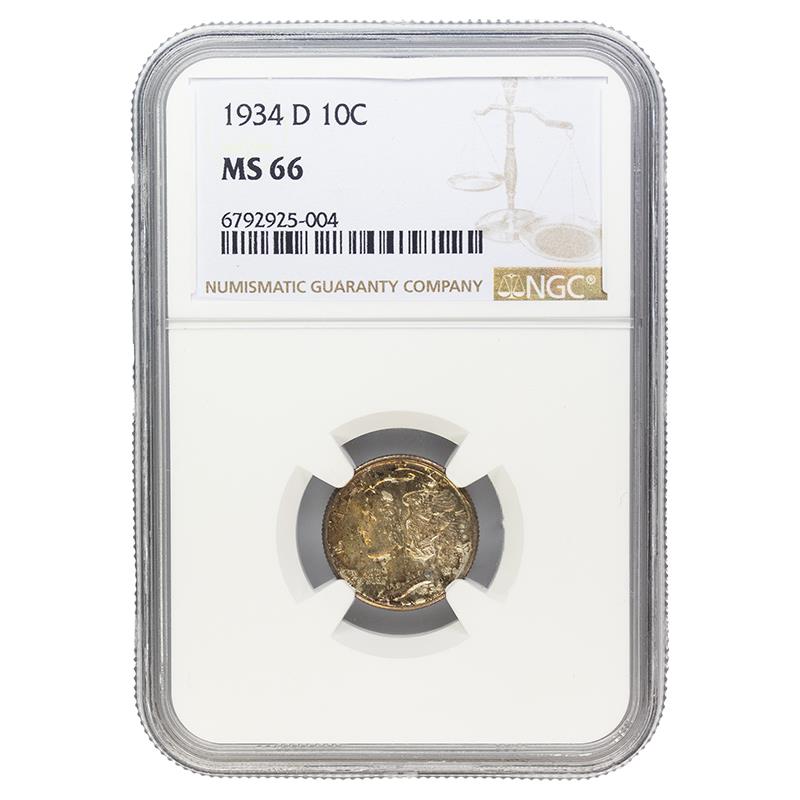 1934-D Mercury Dime, 10C NGC MS 66, Lovely Set Toning