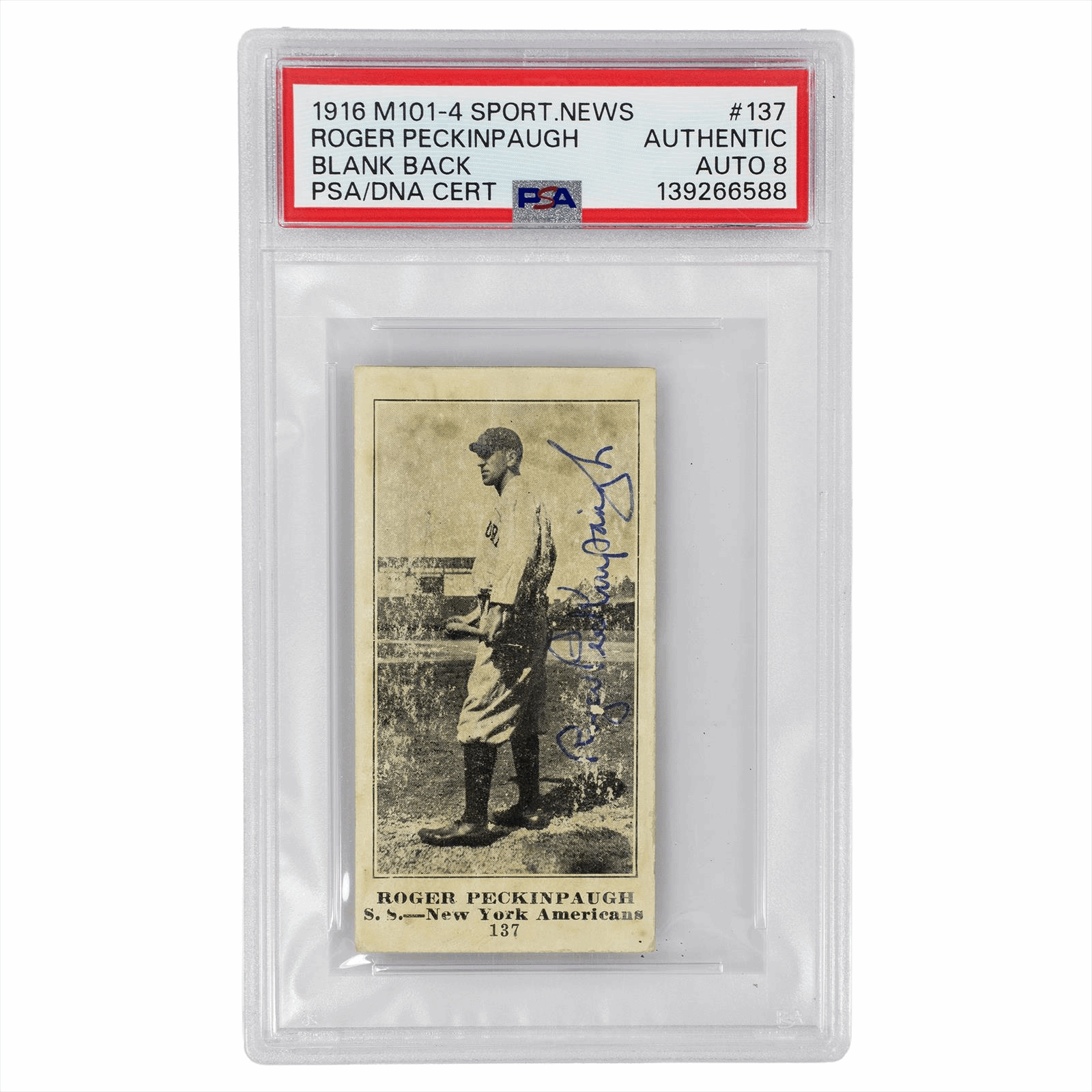 1916 M101-4 Sporting News Roger Peckinpaugh Blank Back #134 PSA AUTHENTIC AUTO 8