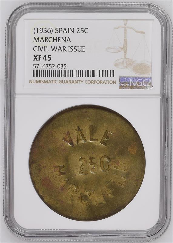 W Spain 1936 25 Centimos NGC XF 45 Marchena Civil War Issue, 5716752035 