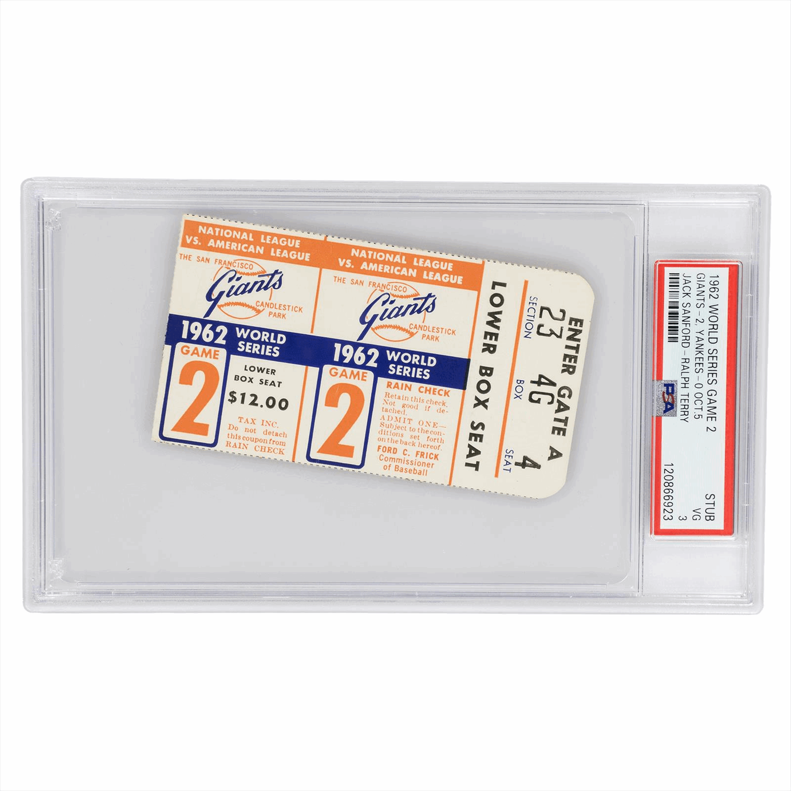 1962 World Series GM.2-Stub SFG-2, NYY-0 Jack Sanford-Ralph Terry PSA VG 3 Cert #120866923