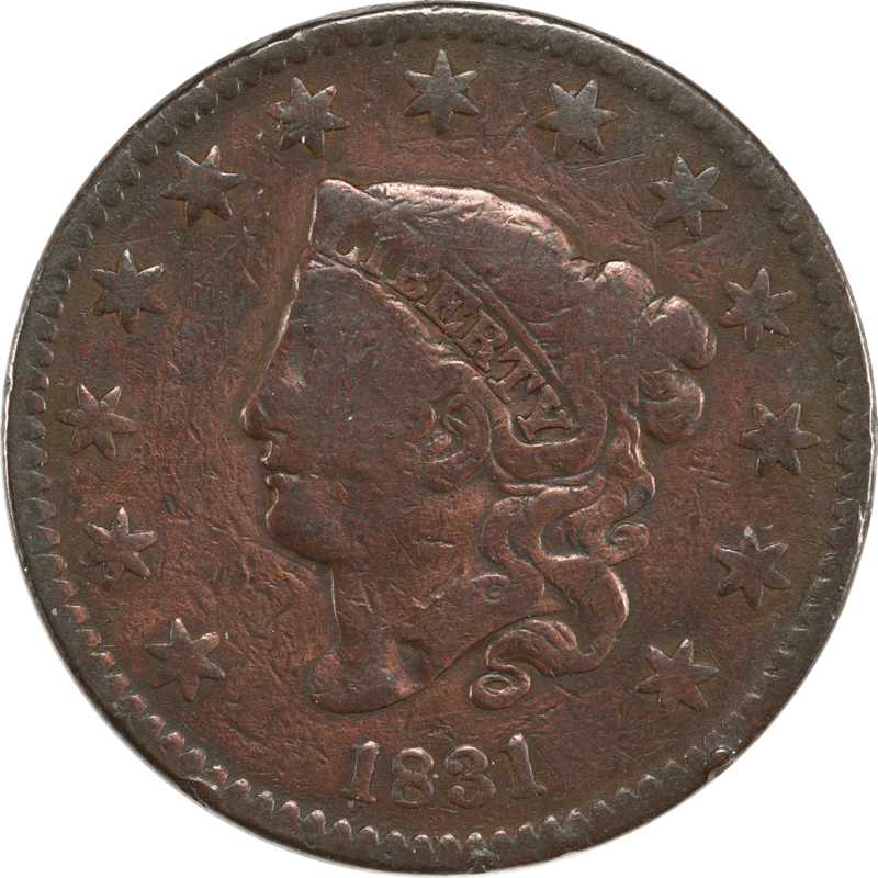 1831 Medium Letters Coronet Head Cent 1C Raw VG