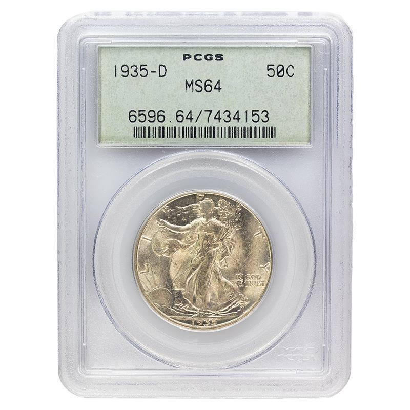 1935-D Walking Liberty Half Dollar, 50C PCGS MS 64 OGH