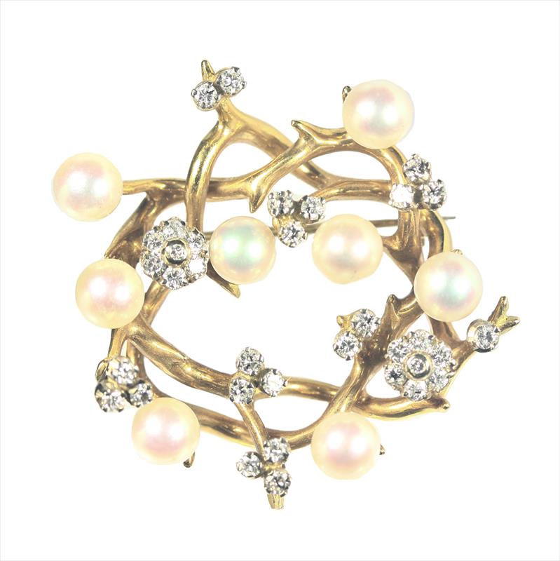 Tiffany & Co. 18kt Yellow Gold Vintage Diamond and Pearl Brooch - 26.5g 