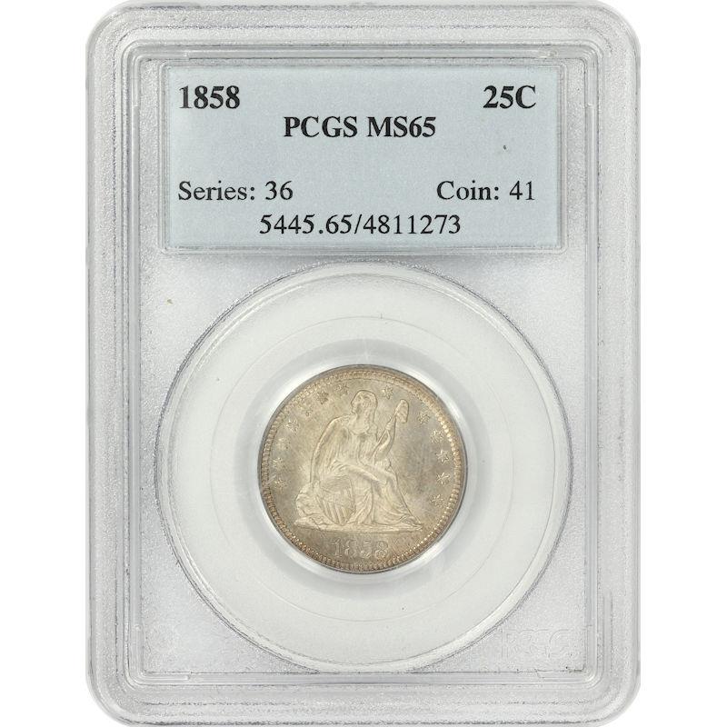 1858 Seated Liberty Quarter 25c, PCGS MS-65 - Nice Original Coin