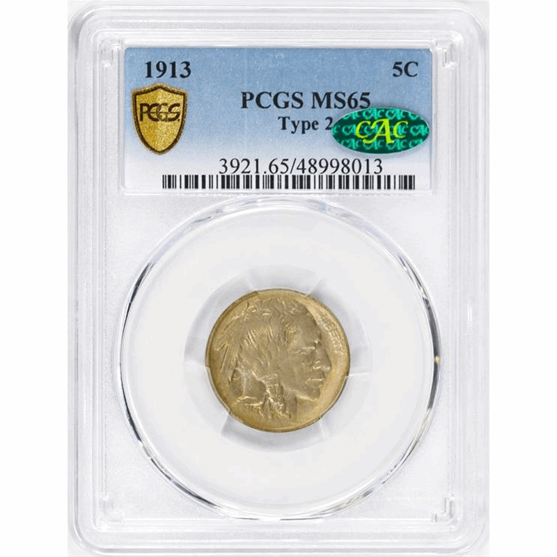 1913 5c Type 2 Buffalo Nickel PCGS MS65 CAC Approved - MONSTER Color!