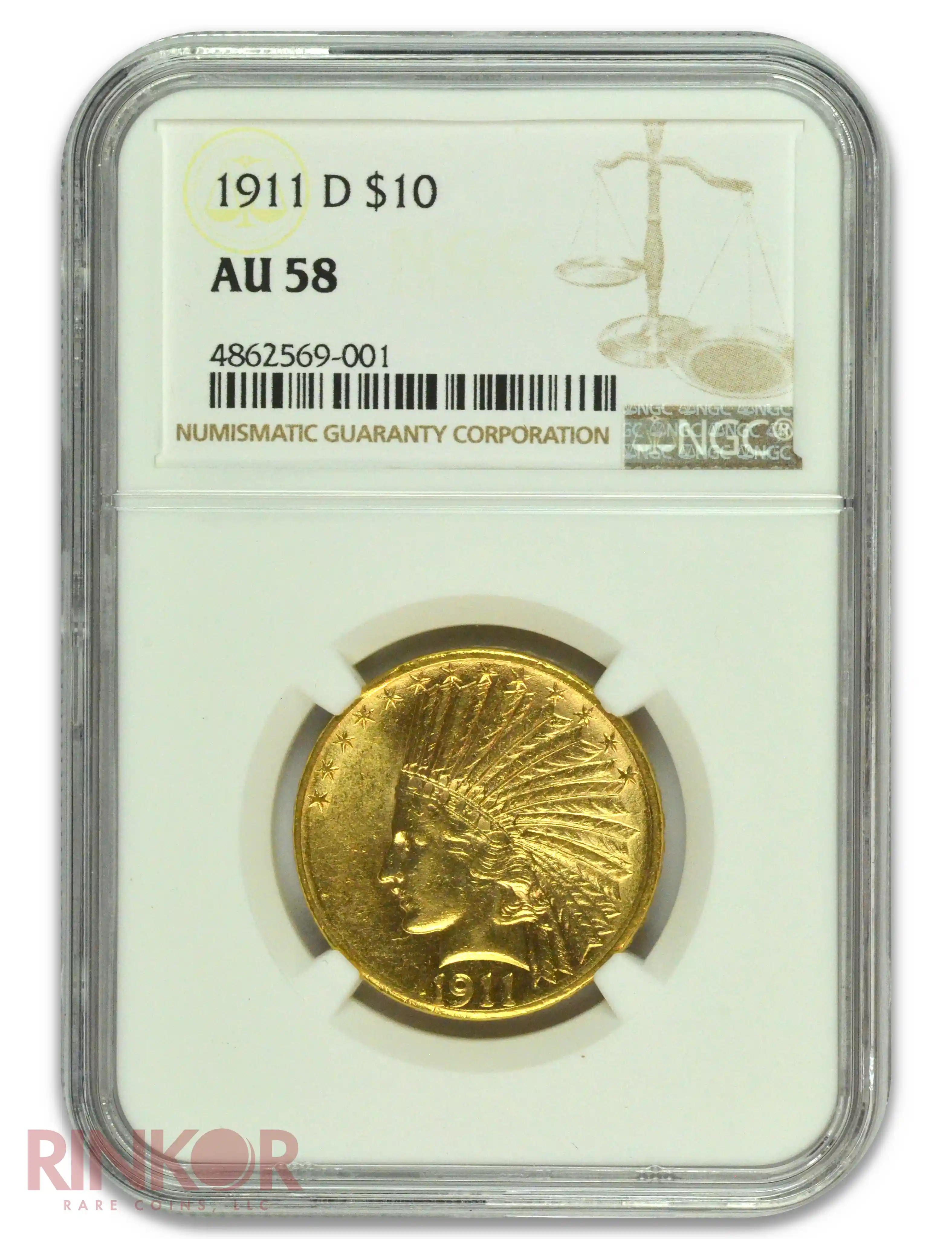 1911-D $10 Indian Head NGC AU-58