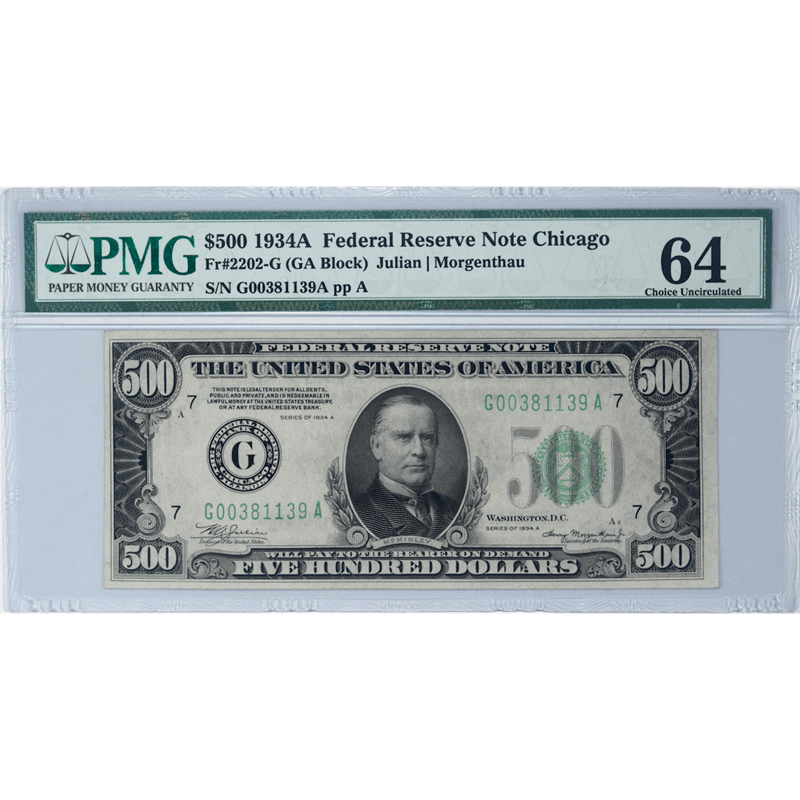 1934-A $500 Federal Reserve Note, Fr. 2202-G, Chicago, PMG CU 64 - Choice Uncirculated - Nice Note