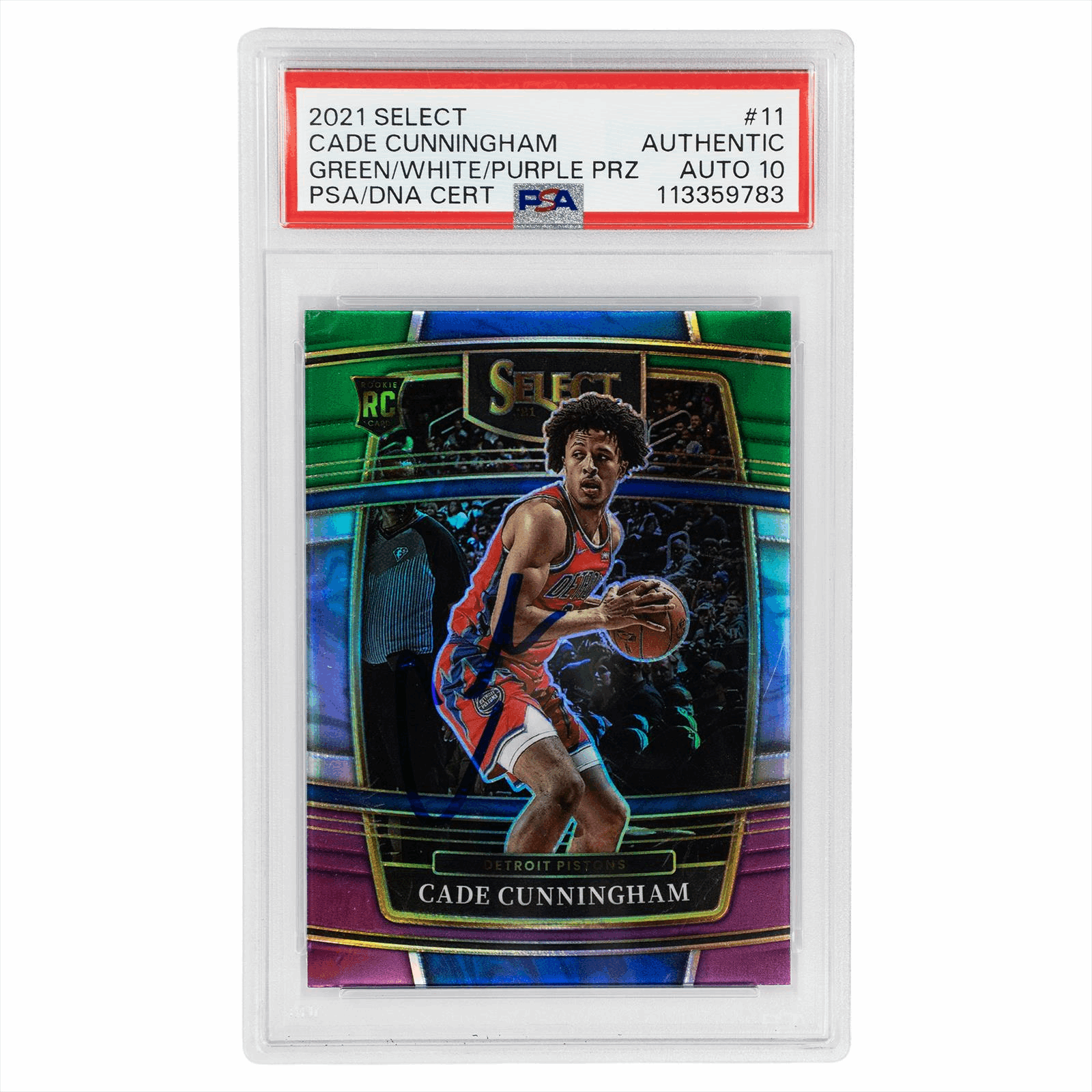 2021 Select Cade Cunningham Green/White/Purple Prizm #11 PSA AUTHENTIC AUTO 10