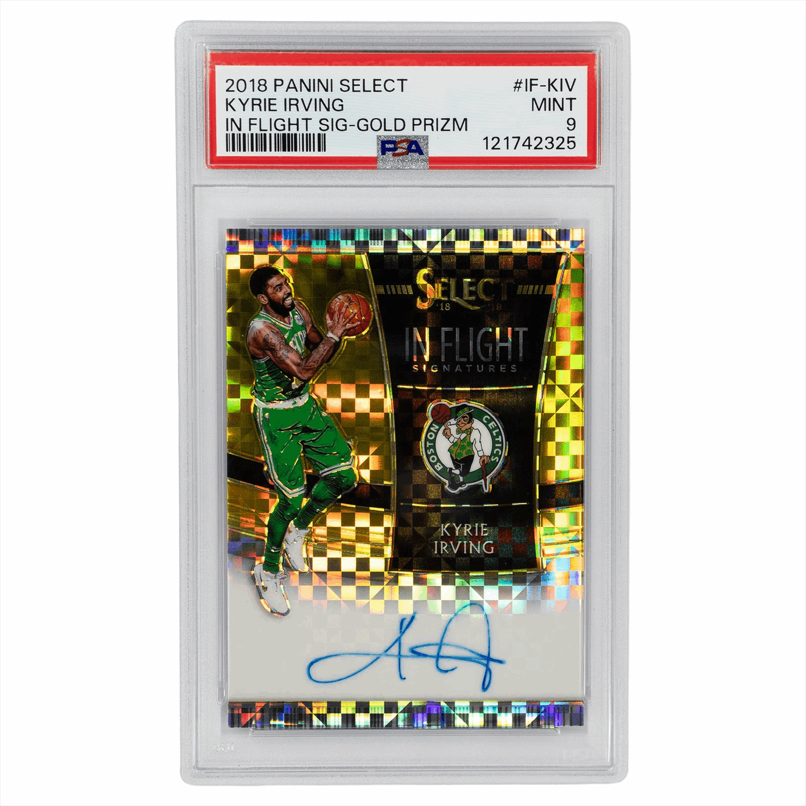 2018 Panini Select In Flight Signatures Kyrie Irving Sig-Gold Prizm #IF-KIV PSA MINT 9 Cert #121742325