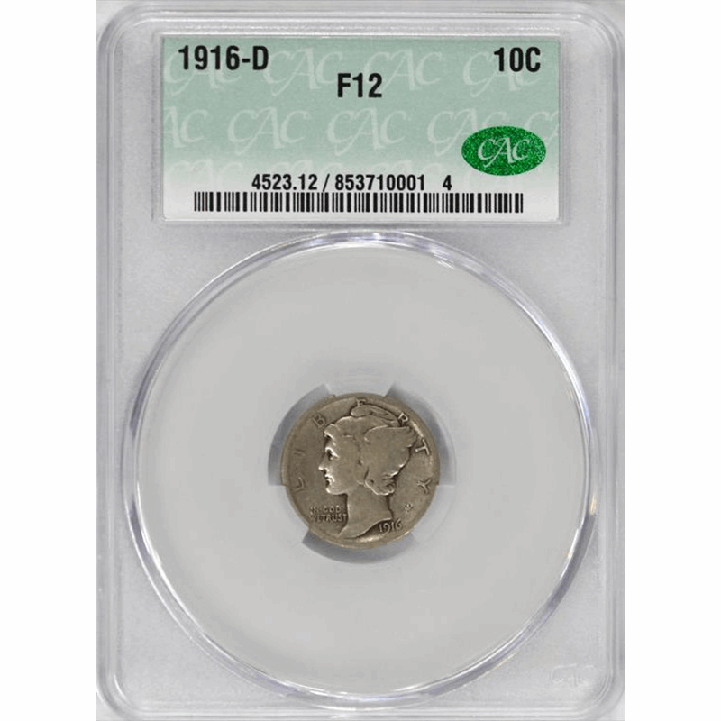 1916-D 10c Mercury Silver Dime CACG F12 - KEY DATE! - CAC Approved