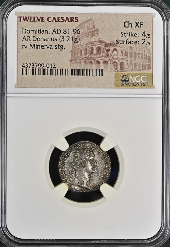 Domitian, AD 81-96 ROMAN EMPIRE AR Denarius Ch XF Strike: 4/5 Surface: 2/5 