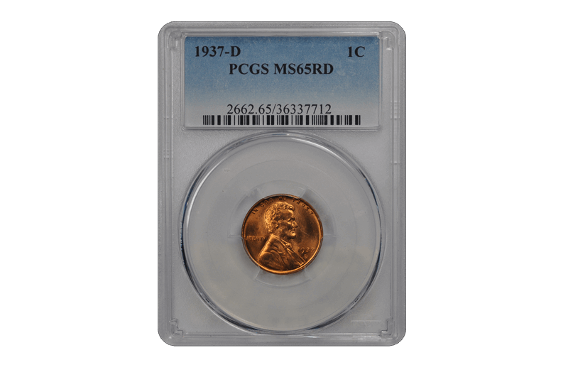 1937-D 1C Lincoln Cent - Type 1 Wheat Reverse PCGS RD #3457-9 MS65