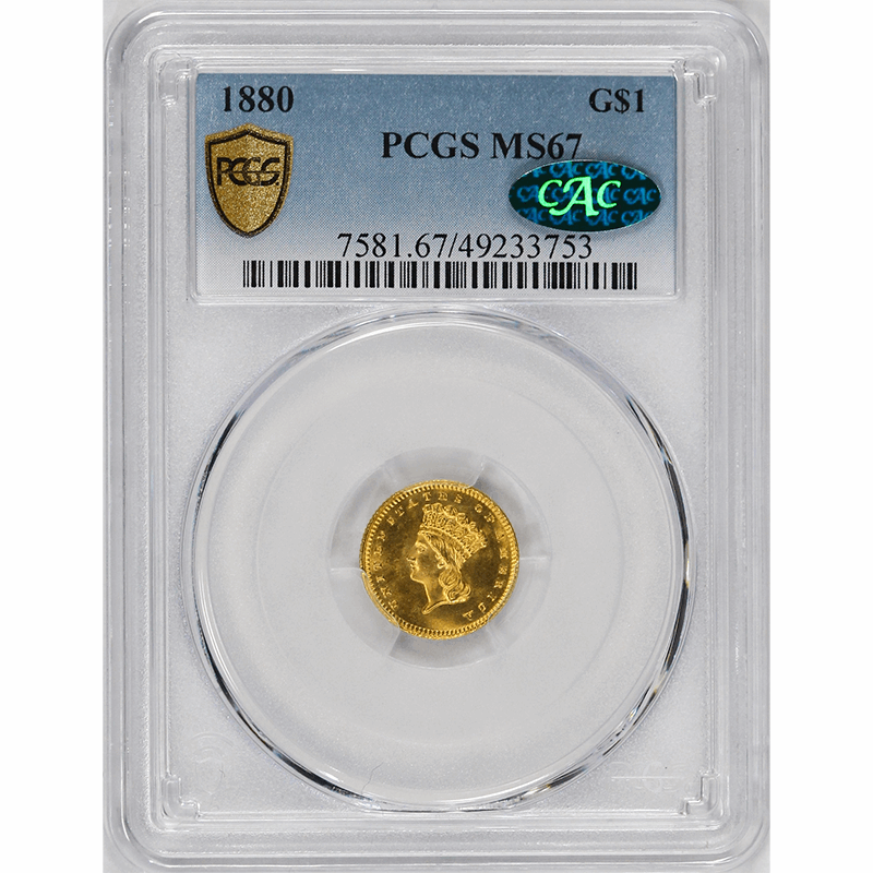 1880 G$1 Gold Indian Princess Head TYPE 3 - PCGS MS67 CAC - PQ+