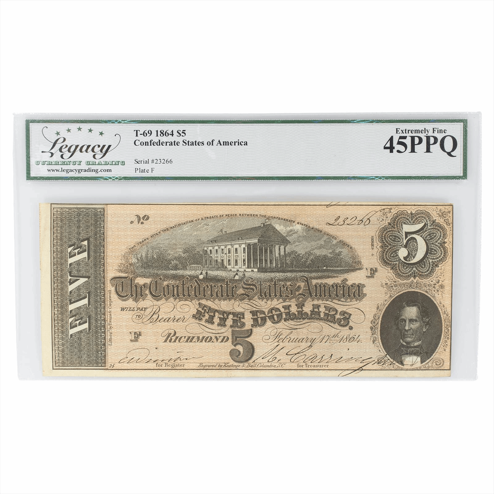 1864 T69 Confederate States of America Note $5 Legacy Extremely Fine 45 PPQ