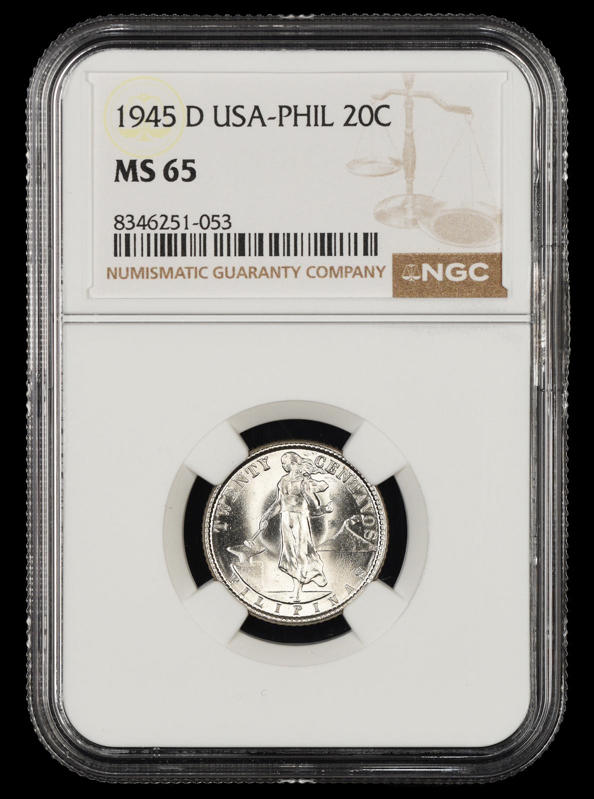 1945 D Philippines 20 Centavos NGC MS65