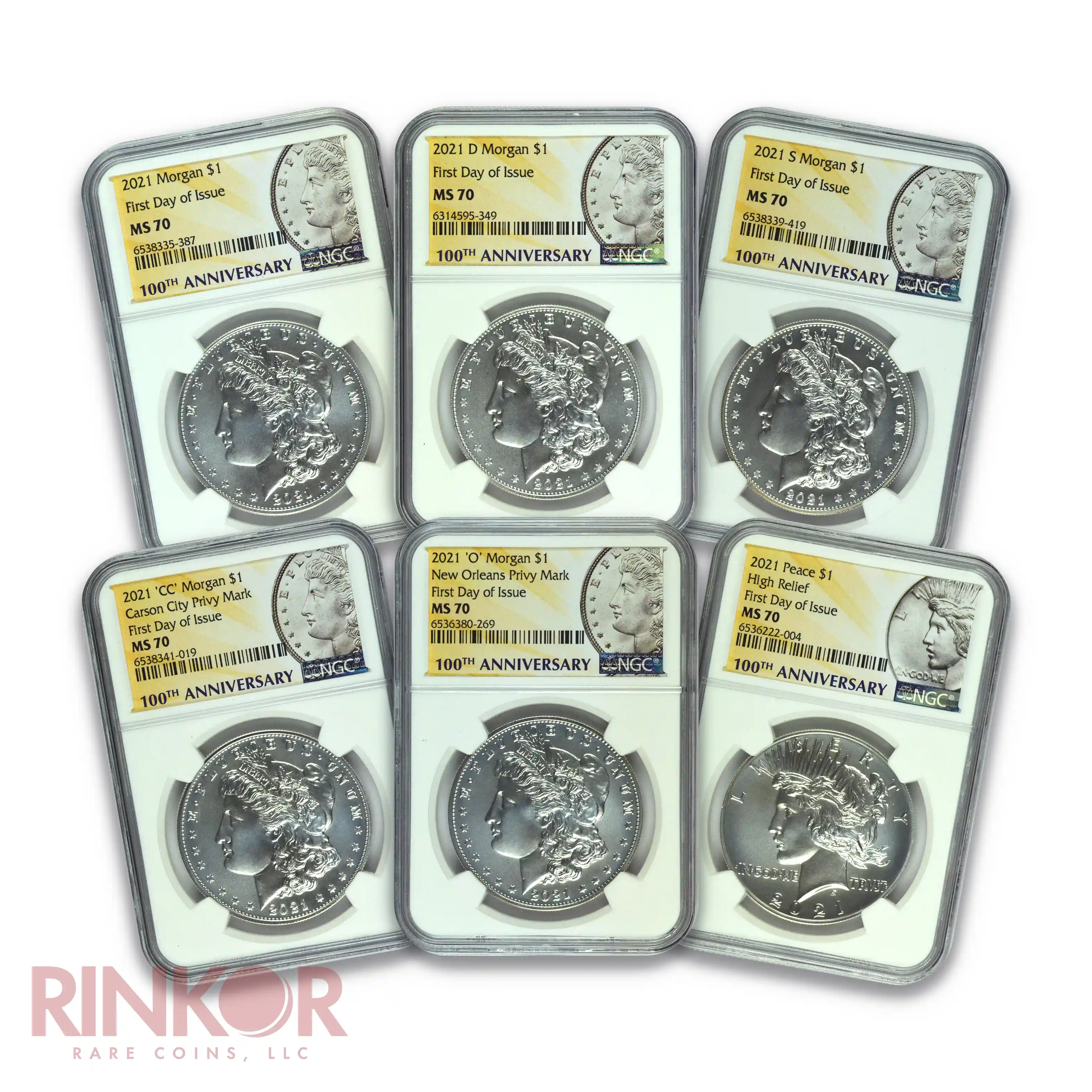 2021 $1 Morgan and Peace Dollar 6-Coin Set First Day of Issue NGC MS 70