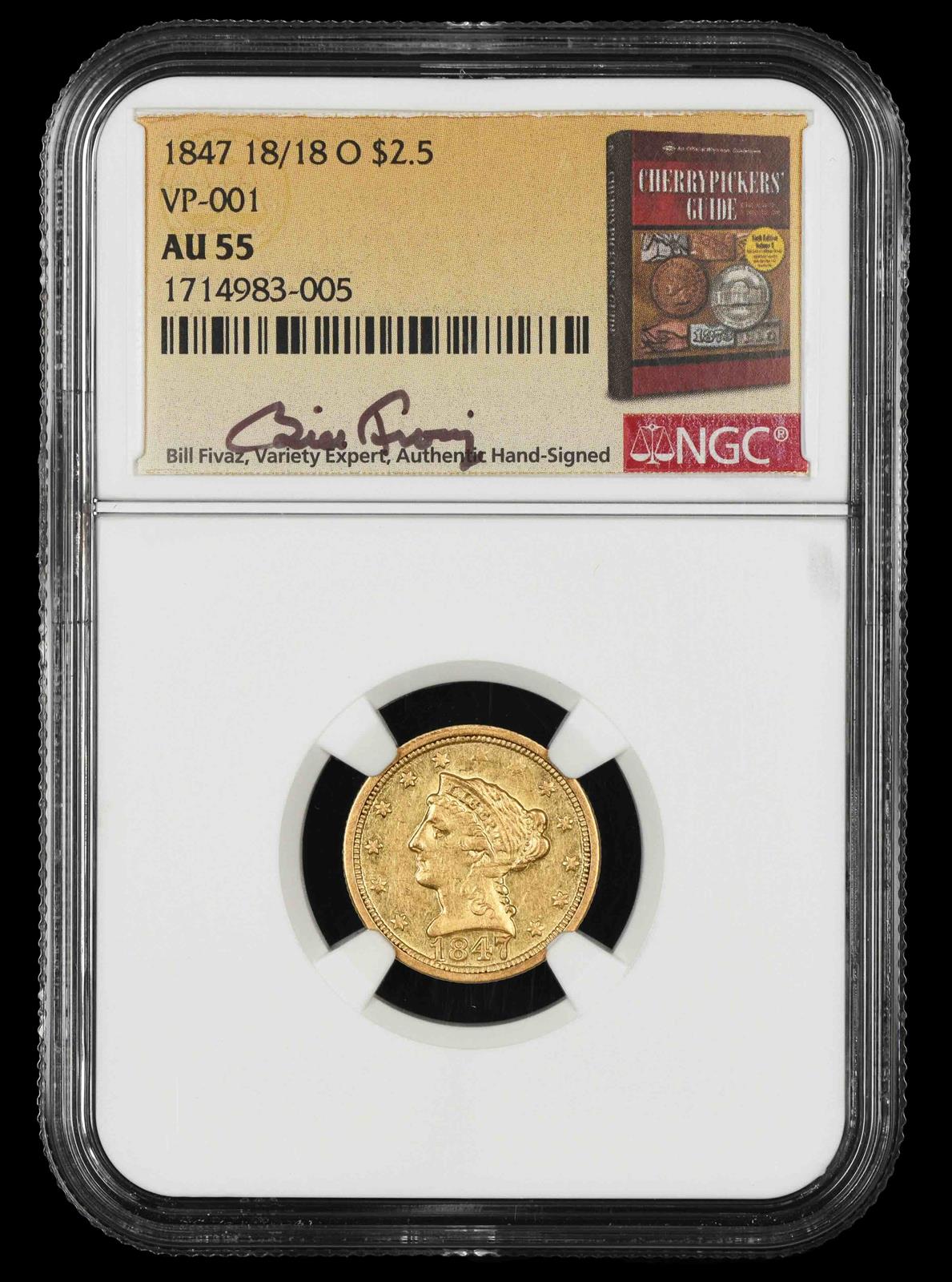 1847 O 18/18 Gold $2.5 VP-001 Bill Fivaz Signature Label NGC AU-55