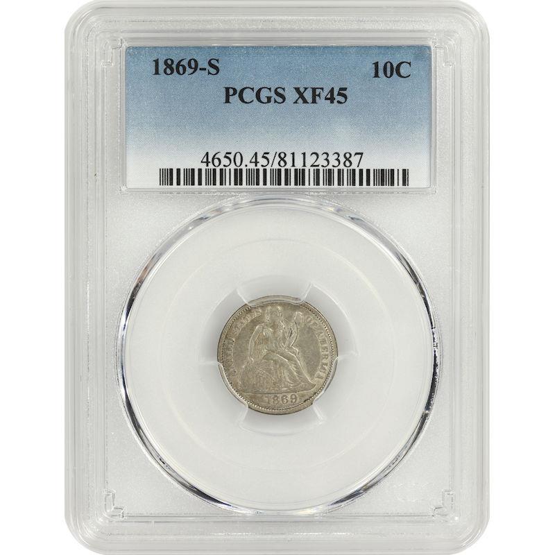 1869-S Seated Liberty Dime 10C PCGS XF45 Choice Extra Fine