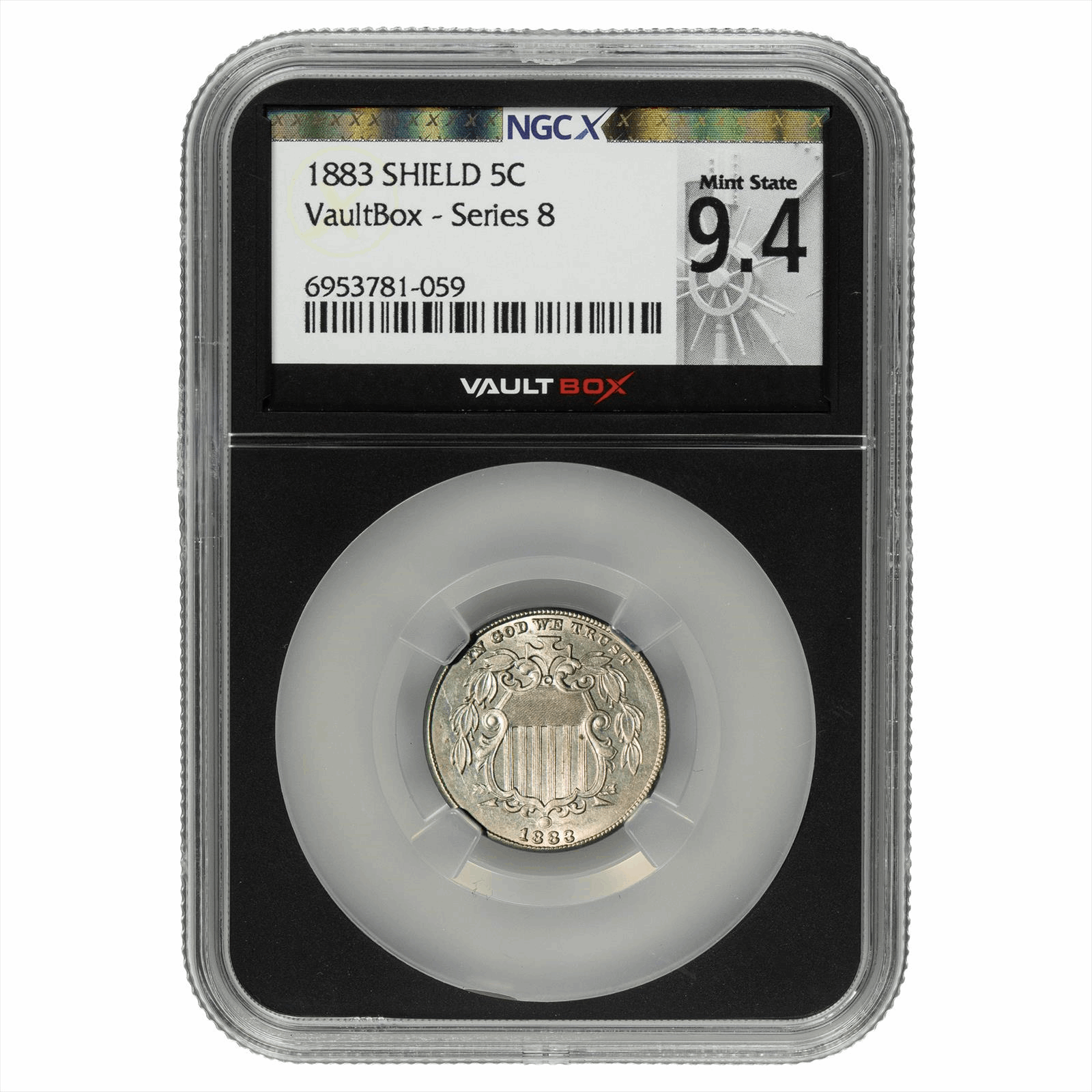 1883 Shield Nickel 5C NGCx Mint State 9.4 VaultBox Series 8