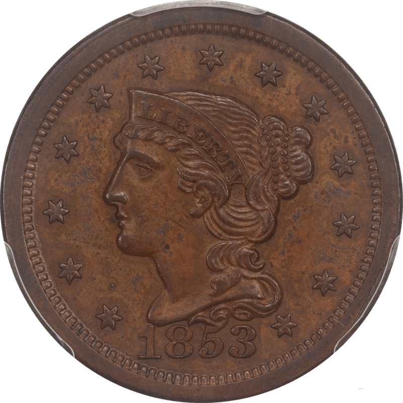 1853 Braided Hair Large Cent PCGS and CAC AU58BN Nice Rich Brown Color