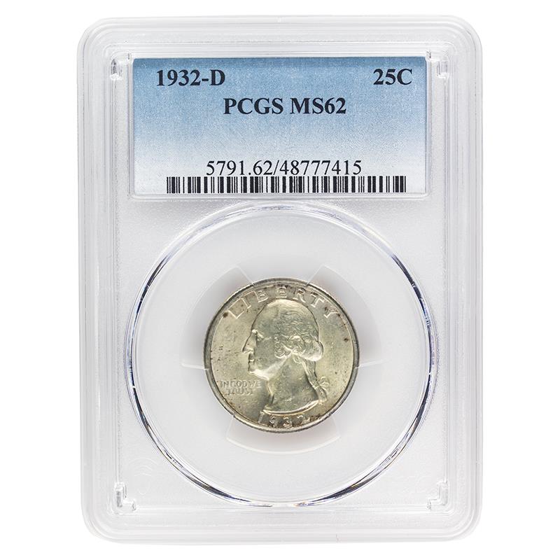 1932-D Key Date Washington Silver Quarter, 25C PCGS MS 62