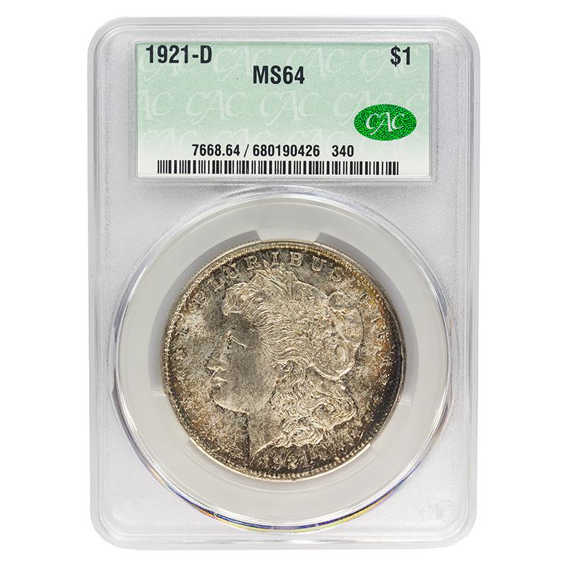 1921-D Morgan Dollar, $1 CACG MS 64 CAC - Original Toning