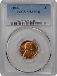 1940-S 1C Lincoln Cent - Type 1 Wheat Reverse PCGS RD #3461-5 MS66