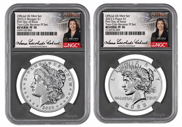 2023-S 2-Coin Morgan & Peace Silver Dollar Set, FDI, Reverse PF70, NGC, Anna Cabral
