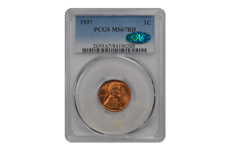 1937 1C Lincoln Cent - Type 1 Wheat Reverse PCGS RD (CAC) #3565-1 MS67