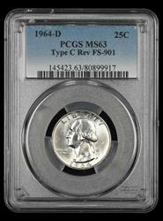 1964 D Washington Quarter PCGS MS63 Type C Reverse FS-901 MS63