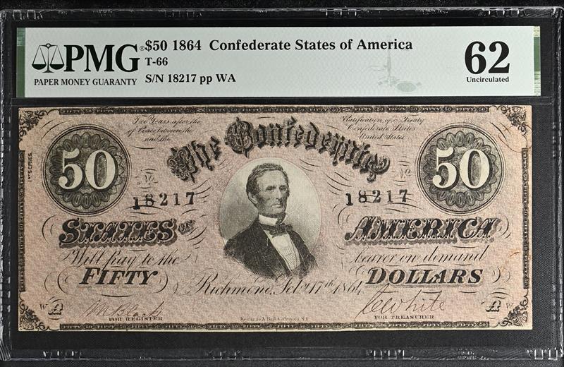 T-66 1864 $50 Confederate Note PMG 62 