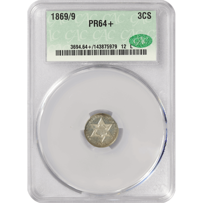 1869/9 Thee Cent Silver 3CS, CACG PR-64+ CAC - Light Cameo