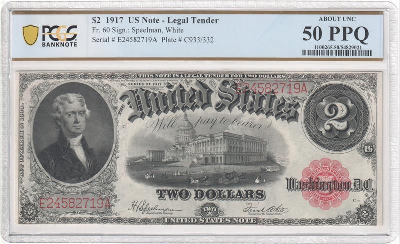 Fr. 60 1917 $2 Legal Tender PCGS AU50 PPQ