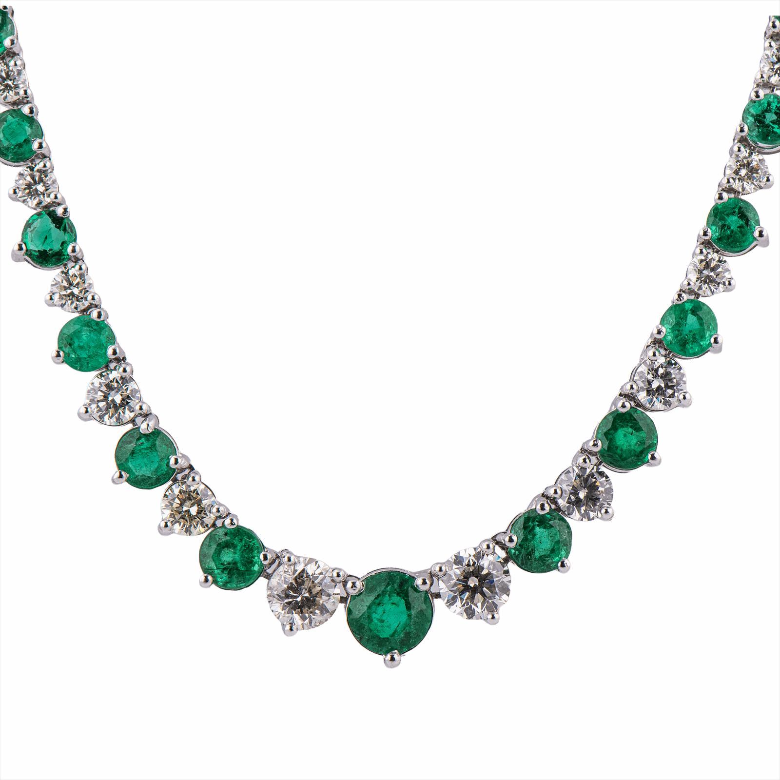 14KW Diamond Emerald Riviera Necklace - 7.48CT Emerald - 4.55Ct Diamond GH, VS - 14.75g - 18 Inch 