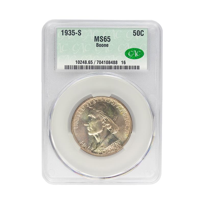 1935-S Boone Commemorative Half Dollar 50C CACG MS 65, CAC Certified Green